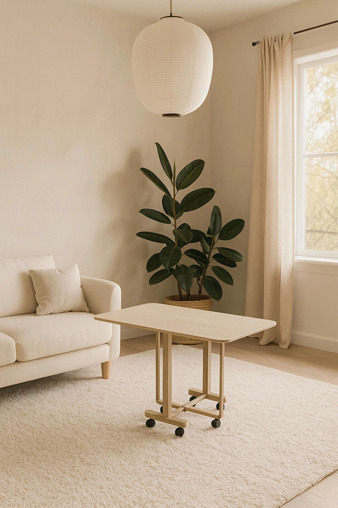 Katlanır Portatif Tekerlekli Mutfak ve Balkon Masası Bej