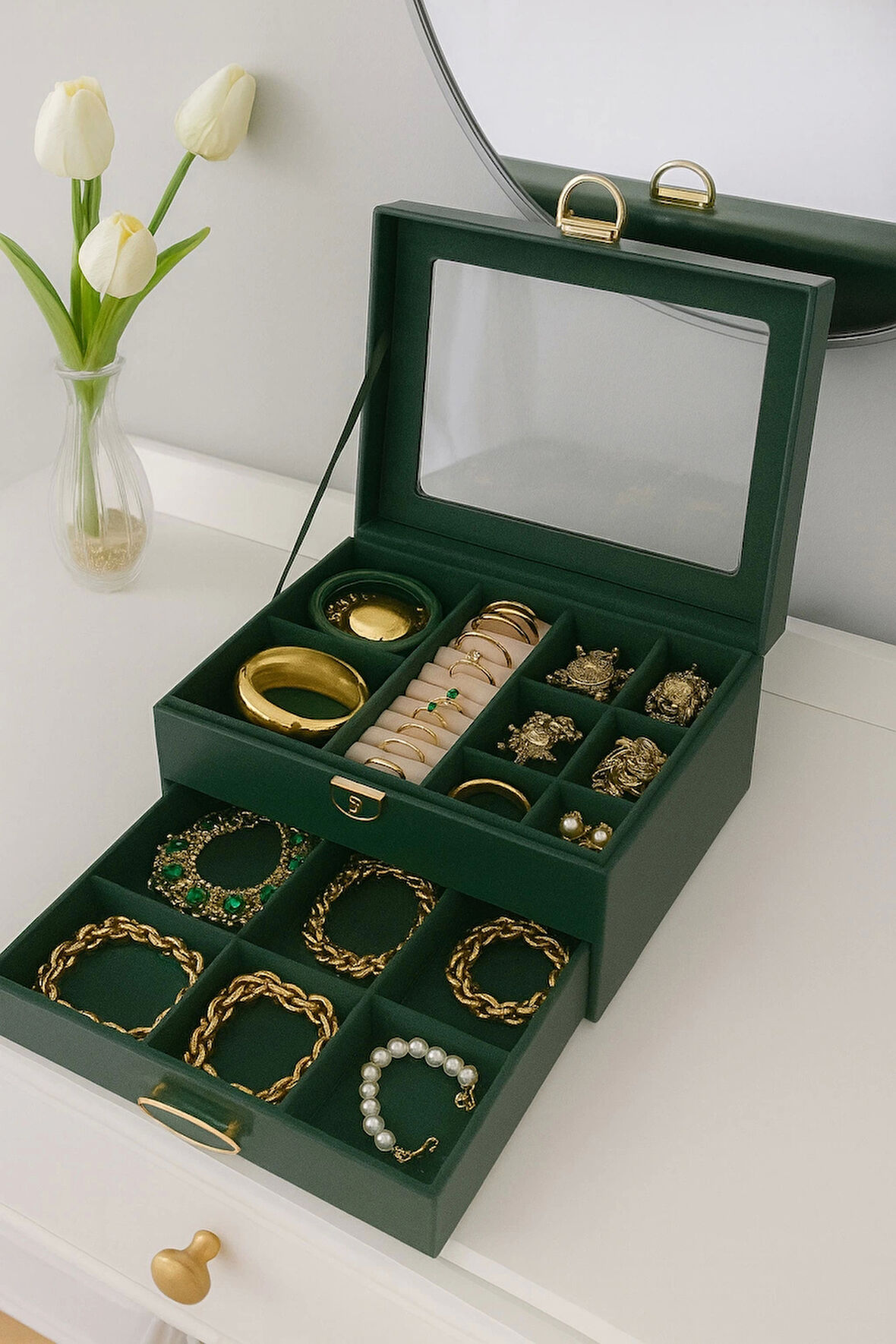 Dışı Deri İçi Kadife Kilitli Çekmeceli Takı Bijuteri Mücevher Kutusu Organizer Düzenleyici Yeşil İthal Ürün
