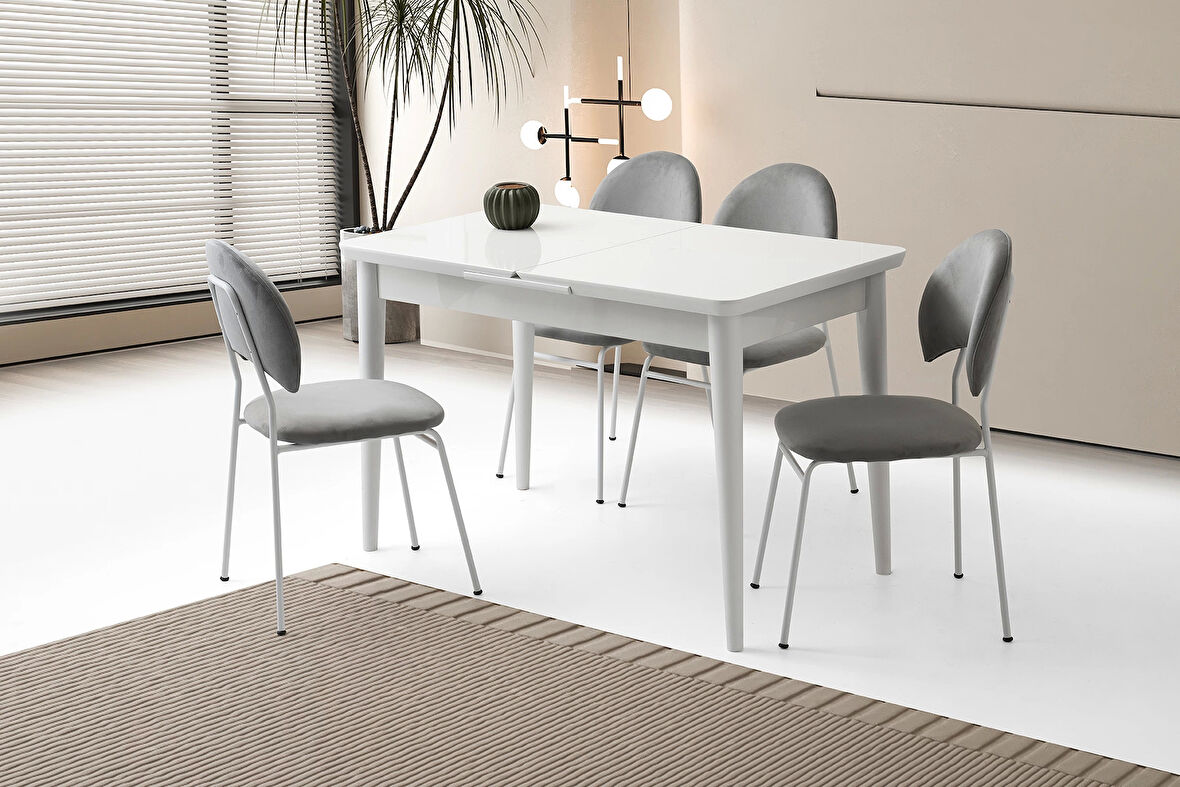 Ortadan Açılır Büyüyen 90x160cm Beyaz Ahşap Salon Yemek Masa Suna Gri Sandalye Takımı 4 Sandalyeli