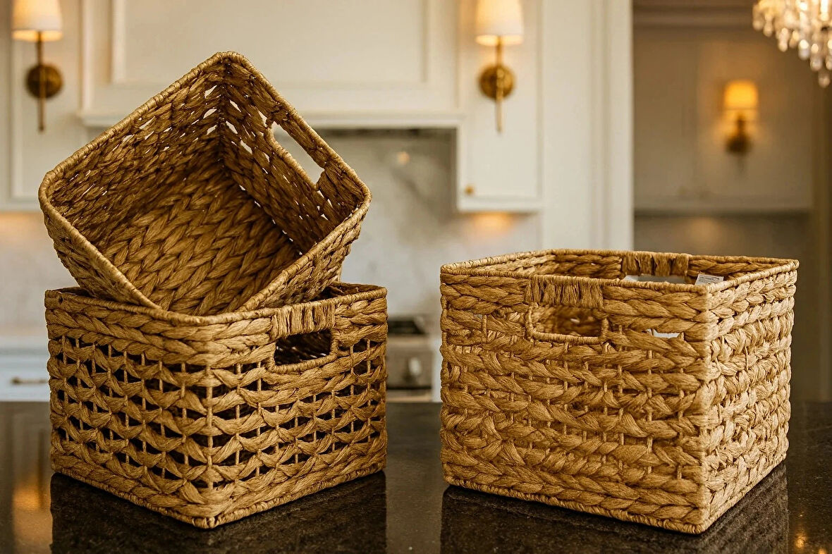 Dekoratif Kare Kelebek Desenli Örgü Hasır Sepet Sele 3lü