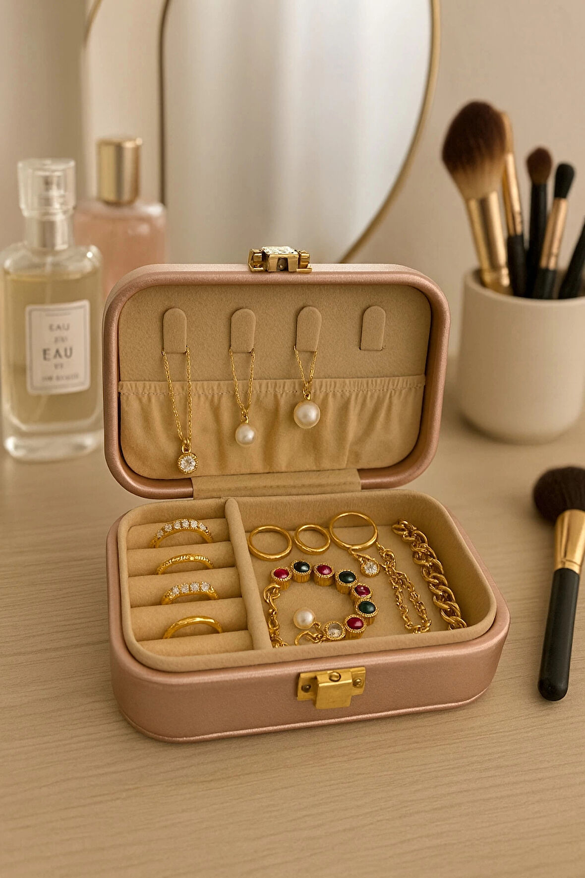 Deri Midi Seyahat Takı Bijuteri Mücevher Kutusu Organizer Düzenleyici 12cm Pembe İthal Ürün