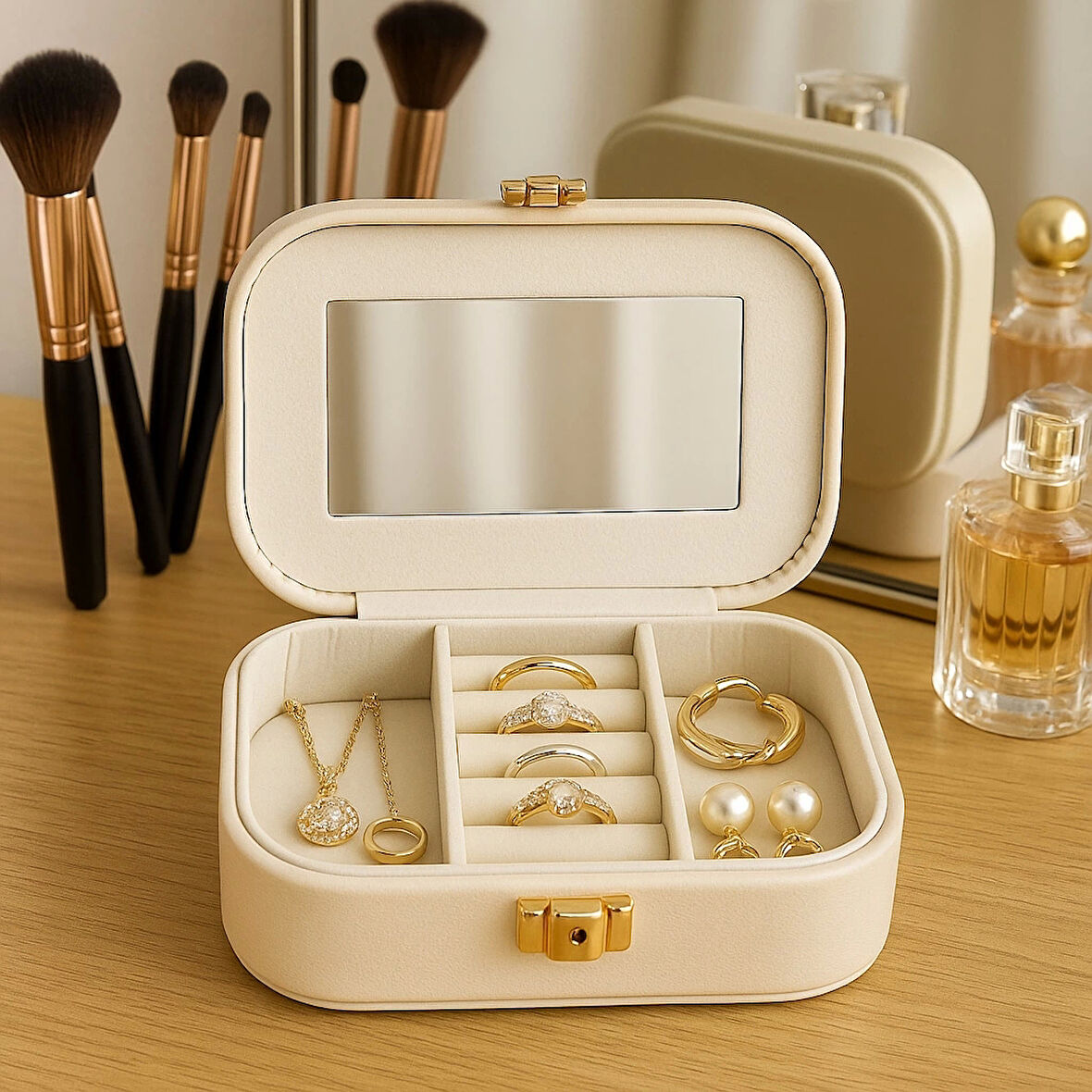 Deri Mini Seyahat Takı Bijuteri Mücevher Kutusu Organizer Düzenleyici 15cm Krem İthal Ürün