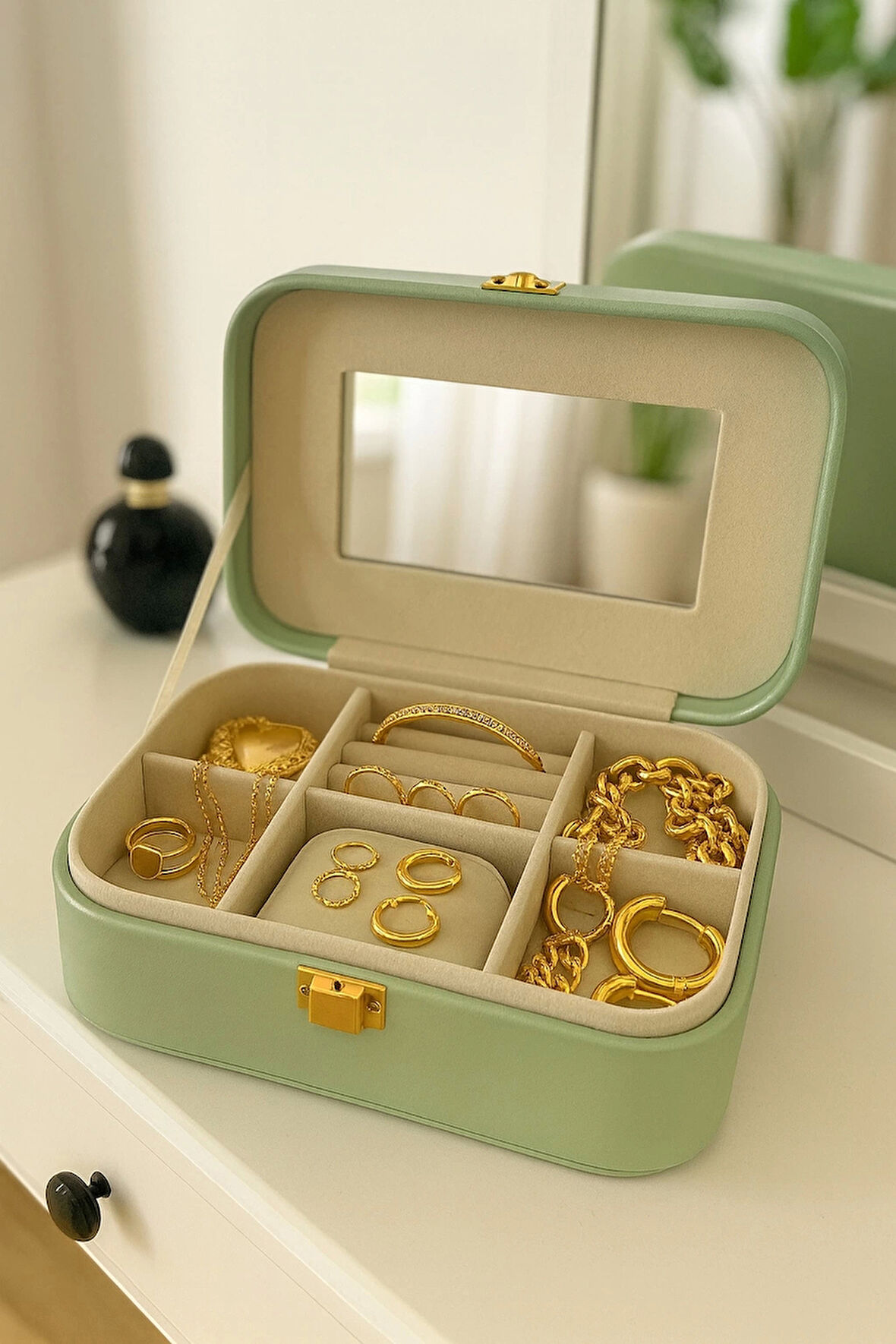 Deri Seyahat Takı Bijuteri Mücevher Kutusu Organizer Düzenleyici 20cm Yeşil İthal Ürün