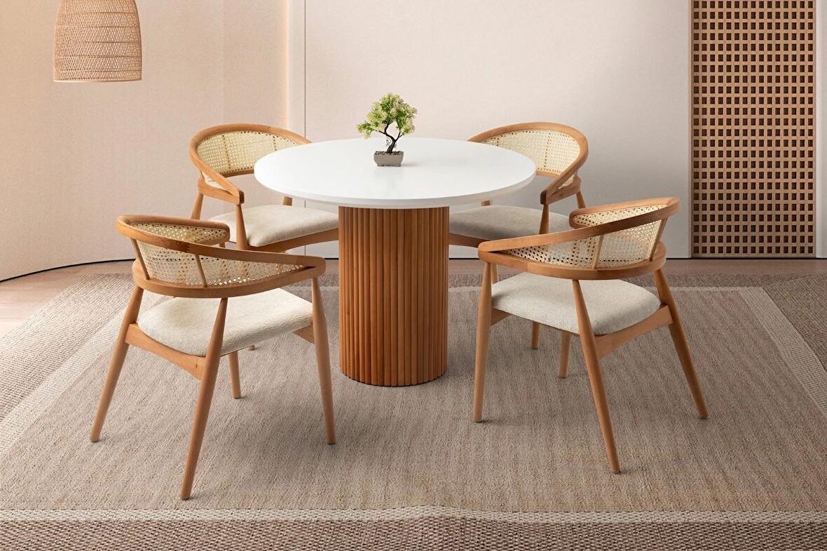 Ahşap Sabit Yemek Odası Takımı Natural 100x75cm- 4 Adet Hasır Sırtlı Sandalye