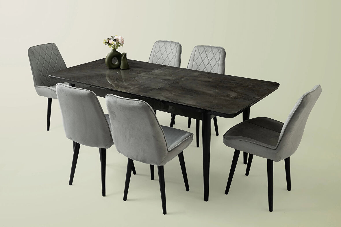 Ortadan Açılır Büyüyen 90x160cm Siyah Mermer Desen Ahşap Salon Yemek Masa Gri Fulya Sandalye Takımı 6 Sandalyeli
