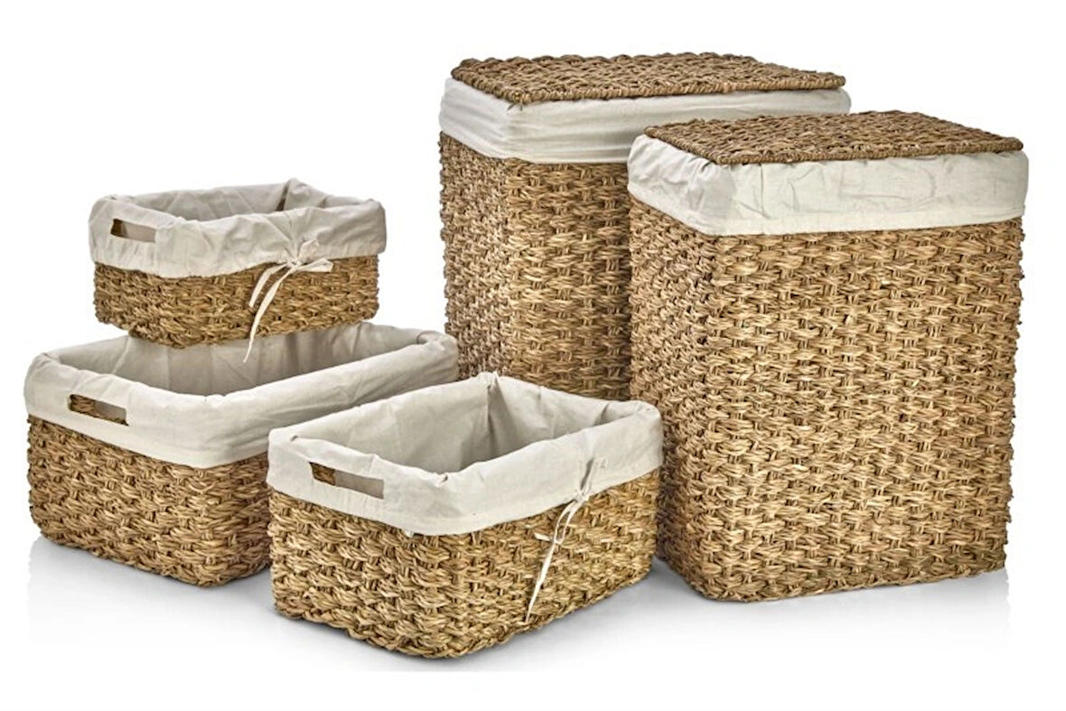 Dekoratif Dikdörtgen Hasır Çamaşır Sepet Sele Düzenleyici 5 li CL-12049