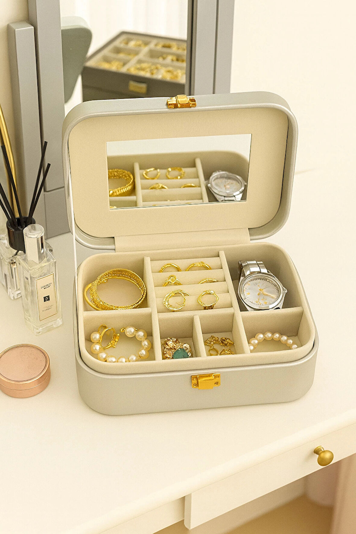 Deri Seyahat Takı Bijuteri Mücevher Kutusu Organizer Düzenleyici 20cm Gri İthal Ürün