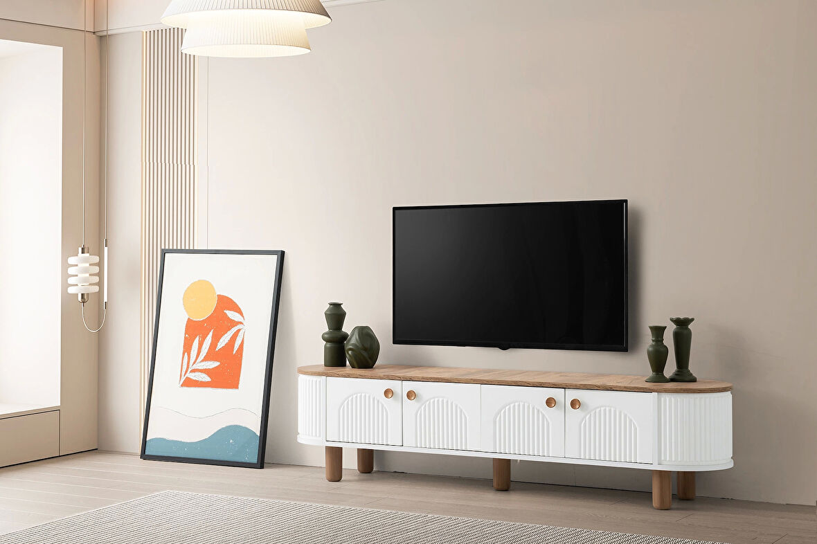 Tv Sehpası 4 Kapaklı Beyaz-Meşe 180cm Kurulu Gönderilir