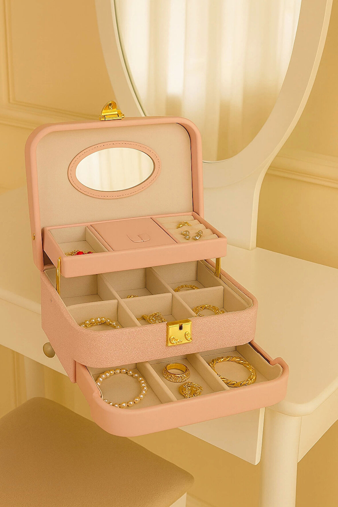Otomatik Açılır Kapanır Kilitli 2 Çekmeceli Takı Bijuteri Mücevher Kutusu Organizer Düzenleyici Pembe İthal Ürün