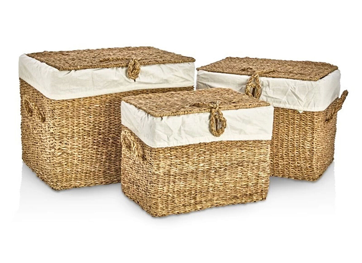 Dekoratif Dikdörtgen Bezli Sandık Düzenleyici Sepet 3 lü