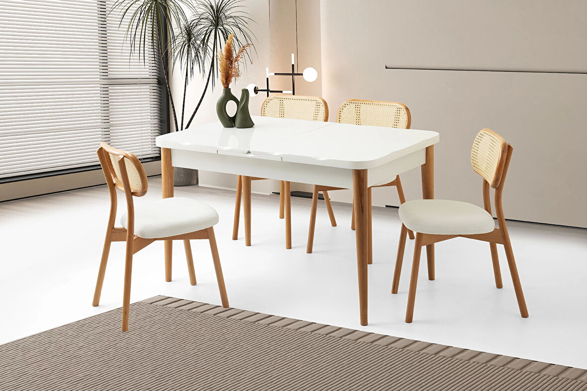 Ahşap Salon Yemek Masa Sandalye Takımı 4 Paris Sandalyeli Ortadan Açılır Büyüyen Beyaz 70x120cm