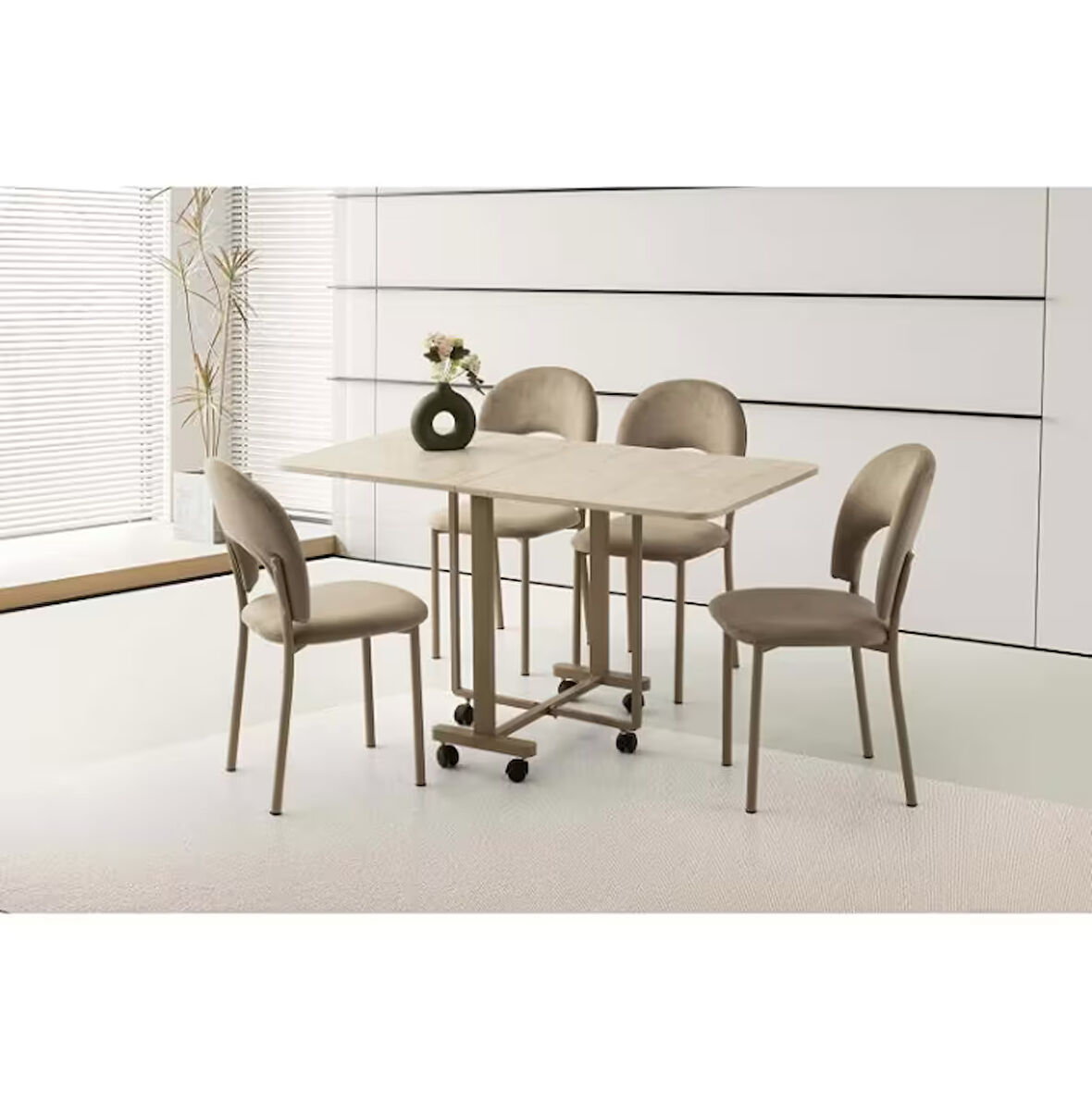 Katlanır Portatif Tekerlekli Mutfak Masa Sandalye Takımı Bej