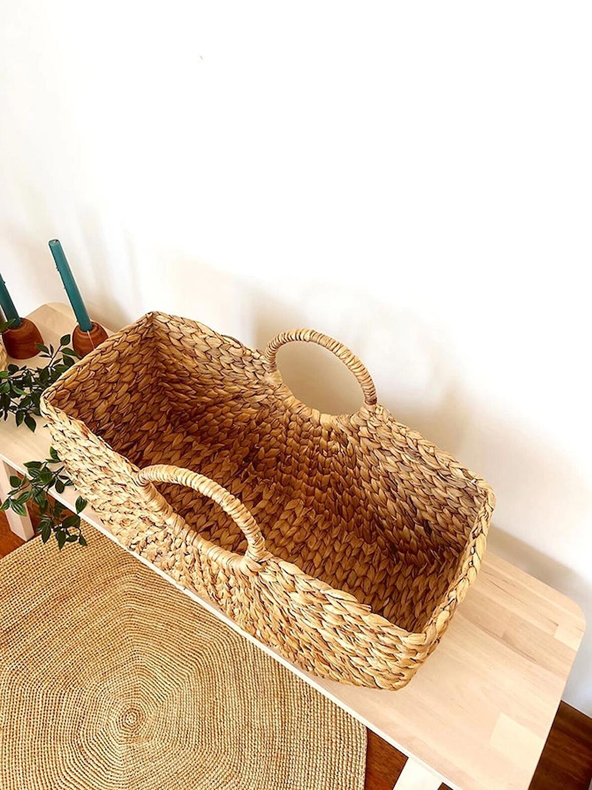 Dekoratif Kulplu Su Sümbülü Hasır Sepet Çanta/Plaj Çantası 42x17cm