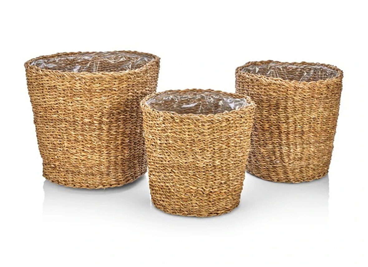 Dekoratif Yuvarlak Poşetli Derin Sepet Saksılık 3lü Set