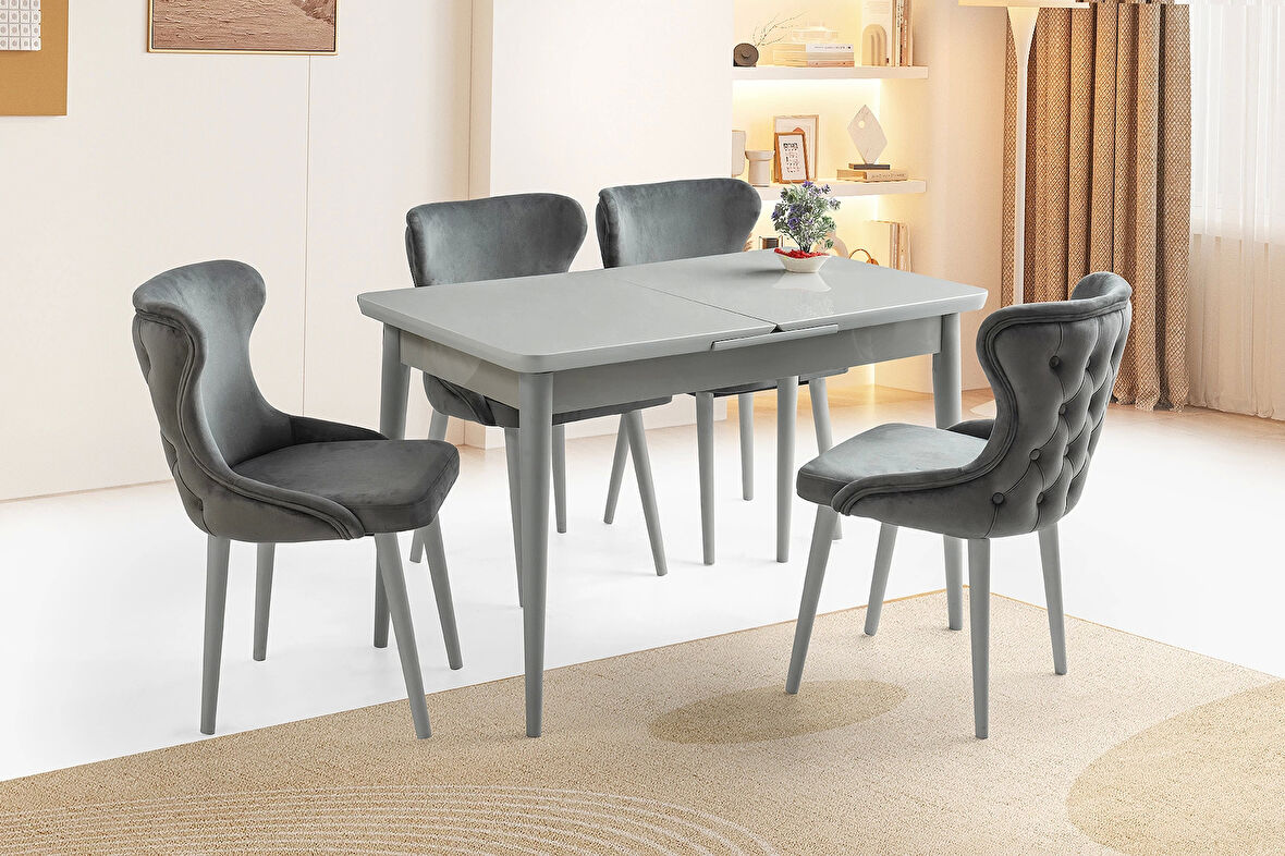 Ortadan Açılır Büyüyen 80x130cm Açık Gri Ahşap Salon Yemek Masa Gri Bensu Sandalye Takımı 4 Sandalyeli