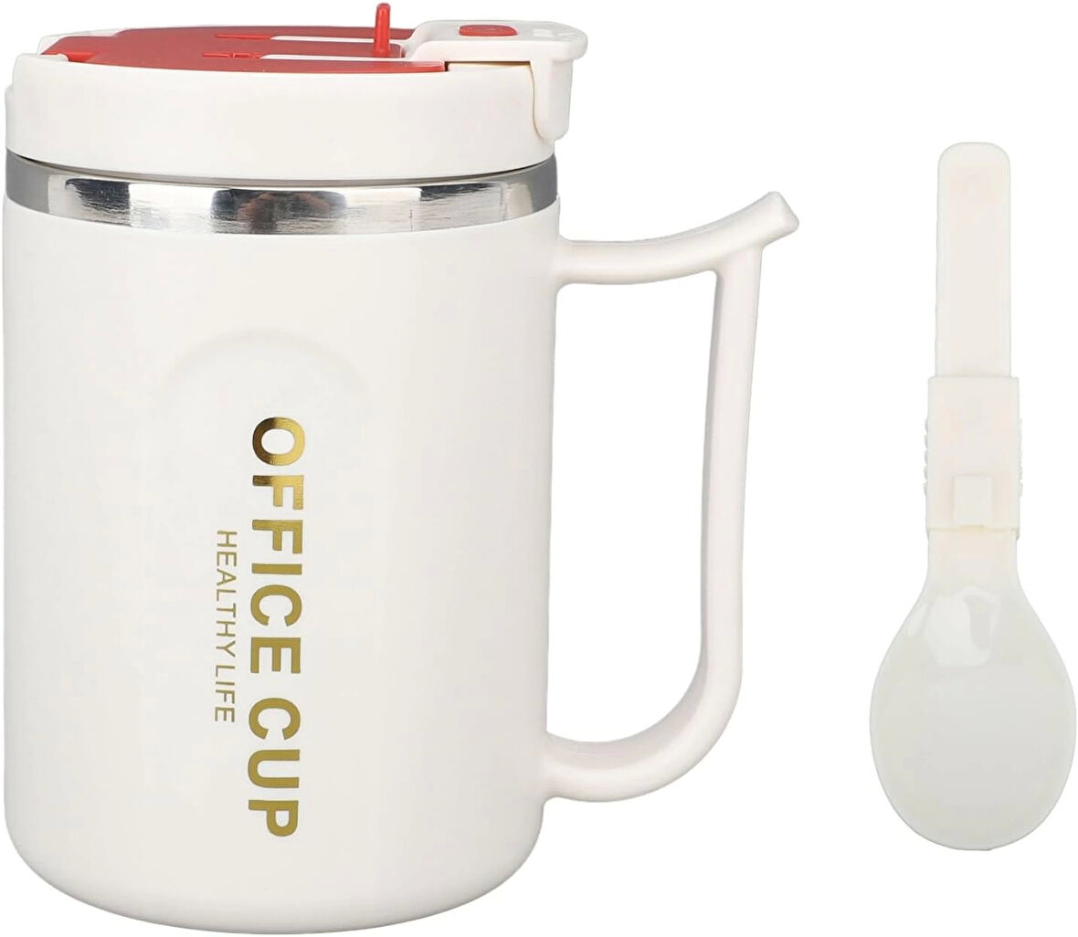 Paslanmaz Çelik Sızdırmaz Kaşıklı Kahve Termosu 500 ML Beyaz-Kırmızı Kapaklı İthal Ürün