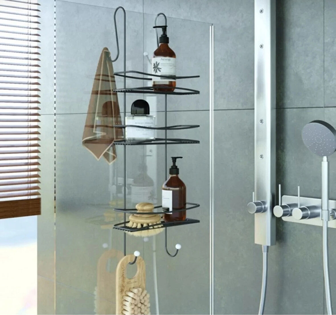 Paslanmaz Duşakabin Banyo Rafı Şampuanlık 3 Katlı Askılı Siyah