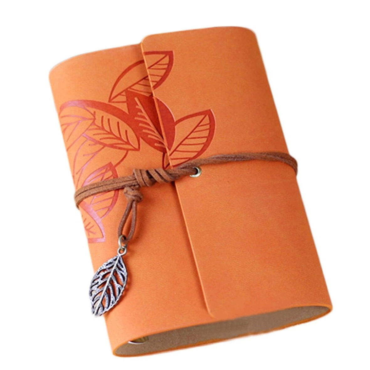 Yaprak Baskılı Deri Kapaklı Özel Tasarım Hediyelik Deri Kaplı Ajanda Anı Defteri Not Defteri Turuncu İthal Ürün