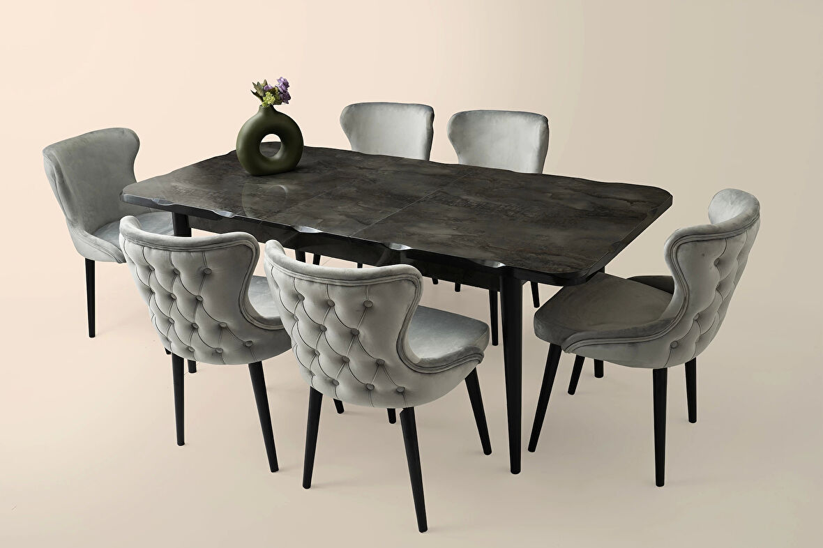 Ortadan Açılır Büyüyen 90x160cm Mermer Desenli Ahşap Salon Yemek Masa Gri Sandalye Takımı 6 Sandalyeli