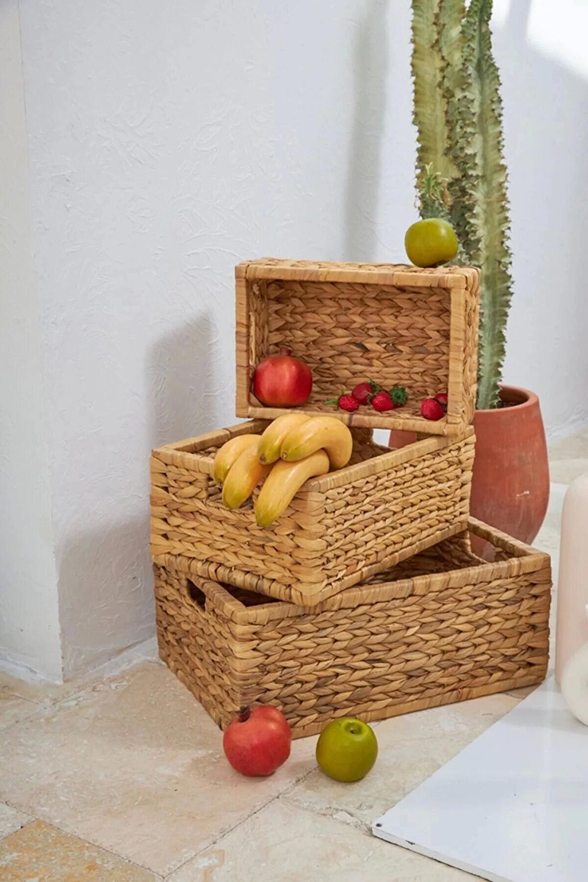 Dekoratif Dikdörtgen Kalın Örgü Hasır Sepet Sele 3lü