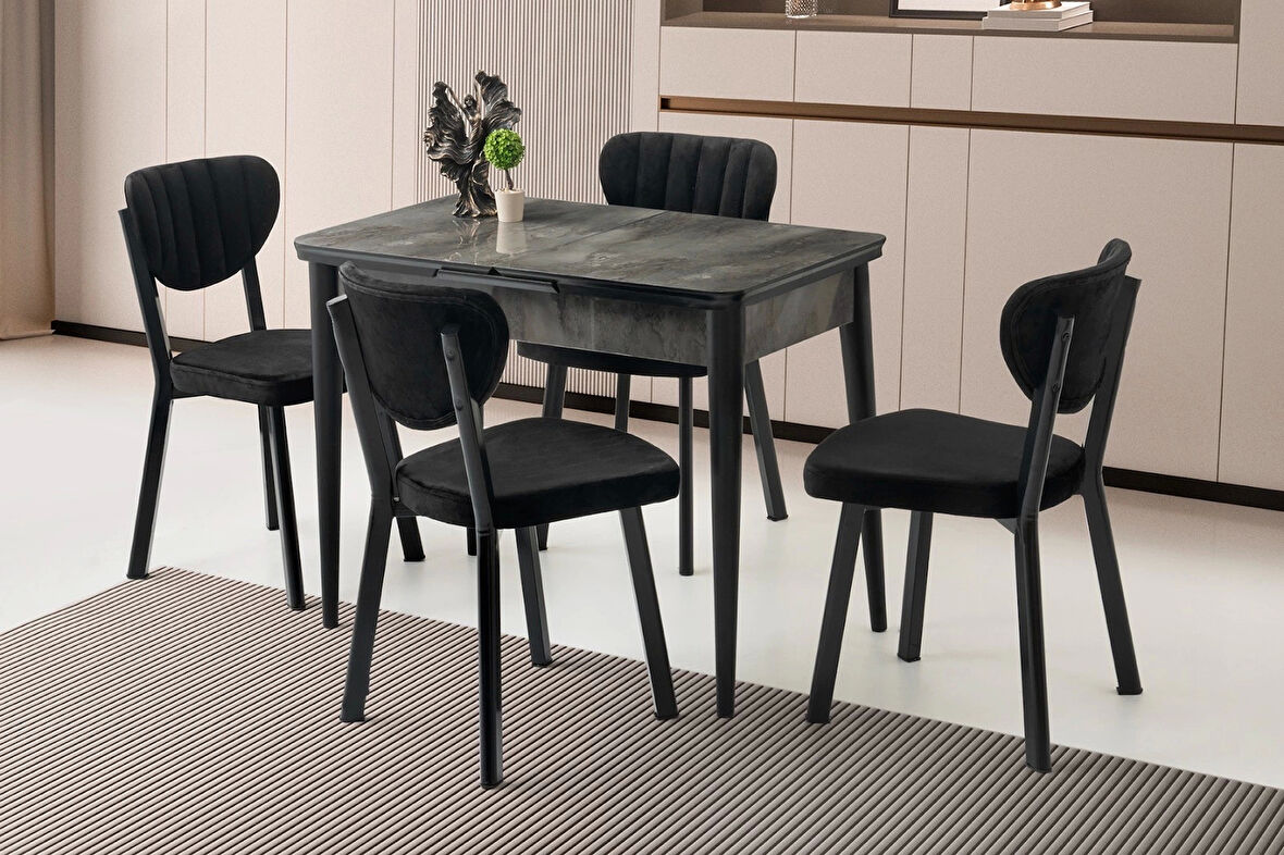 Kelebek Ahşap Salon Yemek Masa Sandalye Takımı Esinti 4 Sandalyeli Ortadan Açılır Büyüyen Mermer Desen 90x160cm