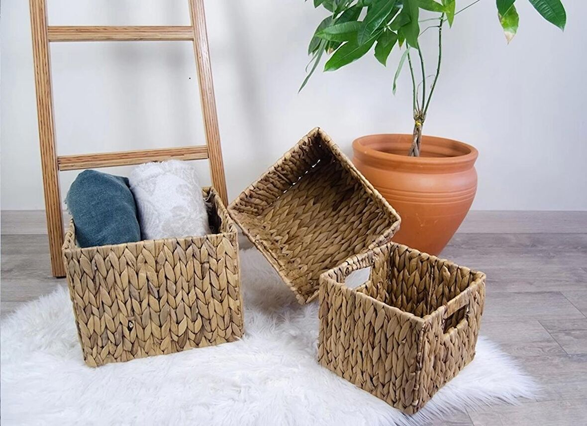 Dekoratif Kare Hasır Düzenleyici Sepet 3 lü