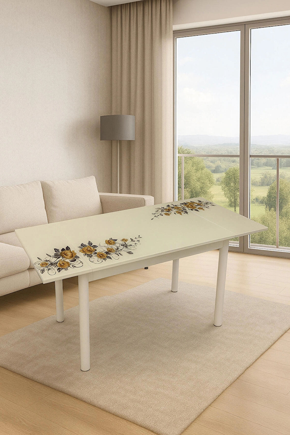 Yandan Açılır Büyüyen Cam Mutfak Masası Capicino Güllü - Beyaz Ayaklı 70x110 cm