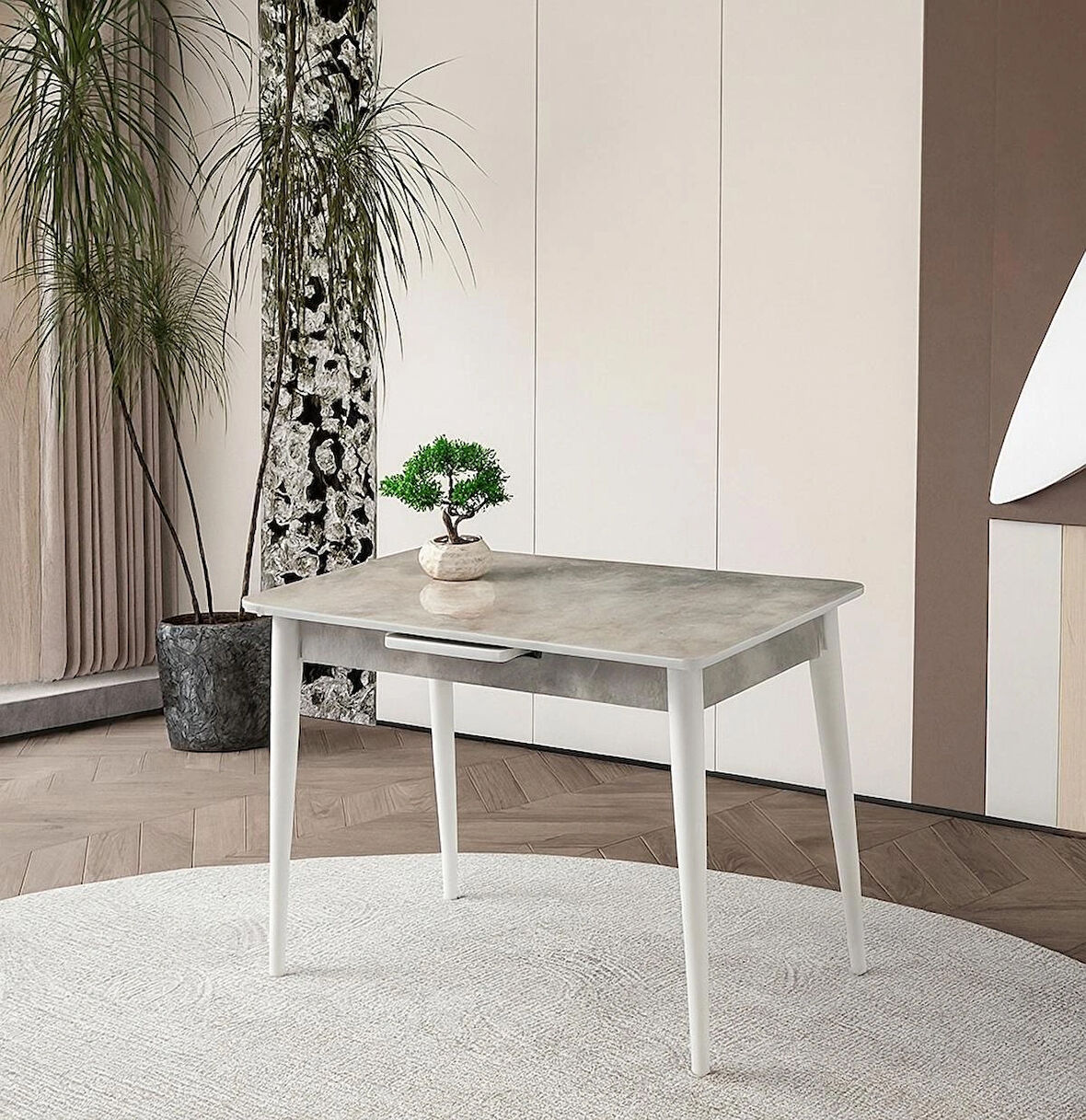 Ortadan Açılır Büyüyen Parlak Ahşap Yemek Masası Mermer Desenli 70x120cm SADECE MASA FİYATIDIR