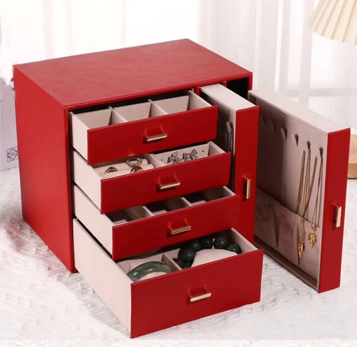 Dışı Deri İçi Kadife 6 Çekmeceli Takı Bijuteri Mücevher Kutusu Organizer Düzenleyici Kırmızı İthal Ürün
