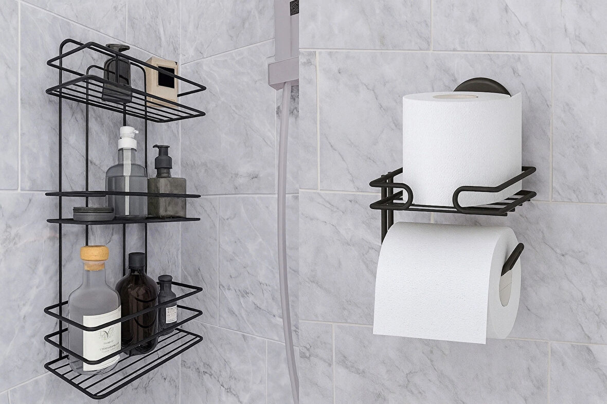 Banyo Köşe Rafı 3 Katlı Siyah Şampuanlık -Tuvalet Kağıtlığı Siyah 2 li Set Vidalı