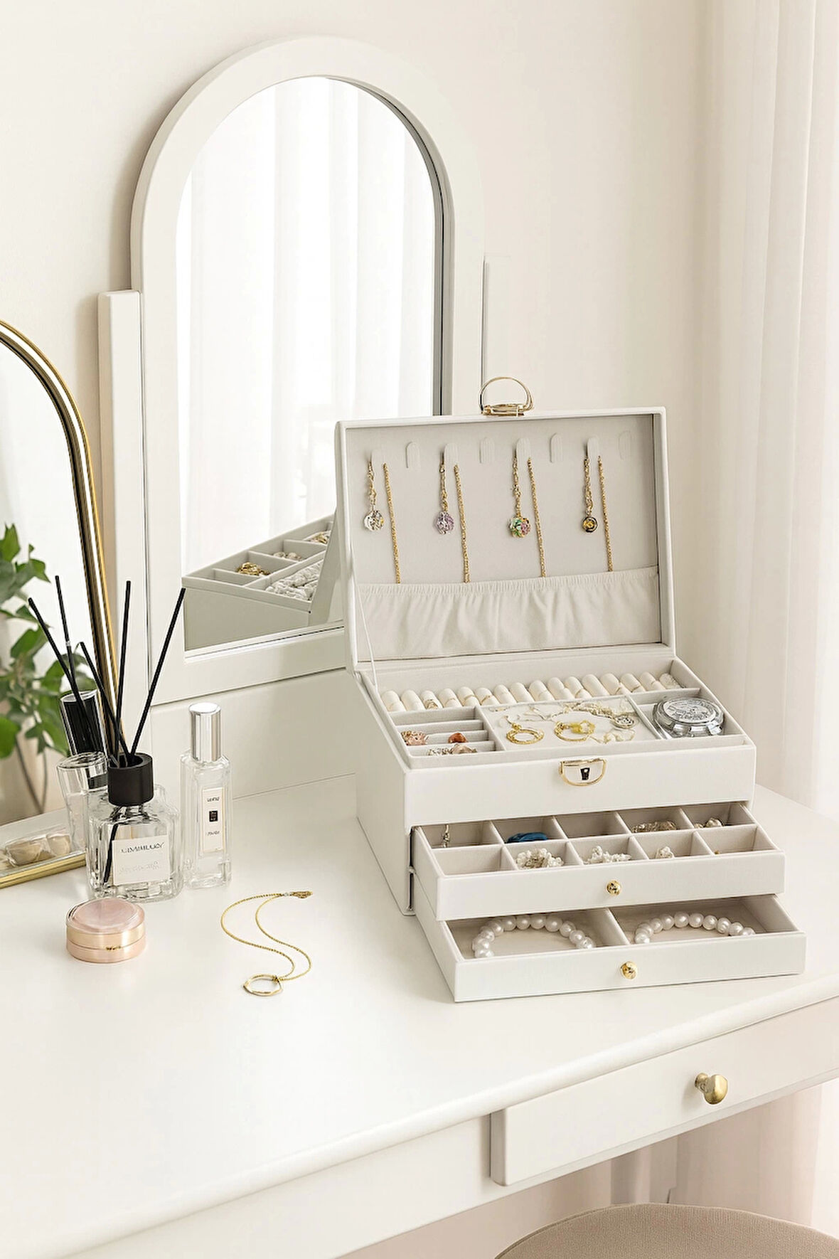 Dışı Deri İçi Kadife Kilitli 2 Çekmeceli Takı Bijuteri Mücevher Kutusu Organizer Düzenleyici Beyaz İthal Ürün