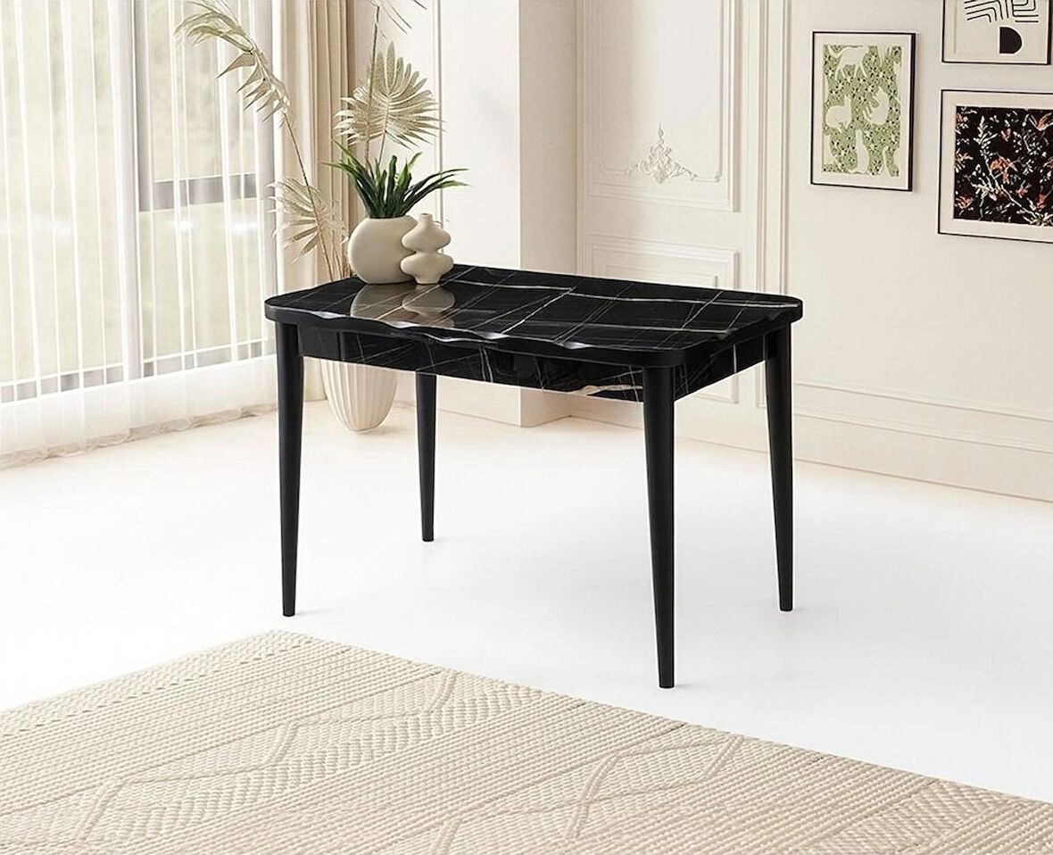 Kelebek Kütük Ortadan Açılır Büyüyen Parlak Ahşap Yemek Masası Siyah Mermer Desenli 80x130cm SADECE MASA FİYATIDIR