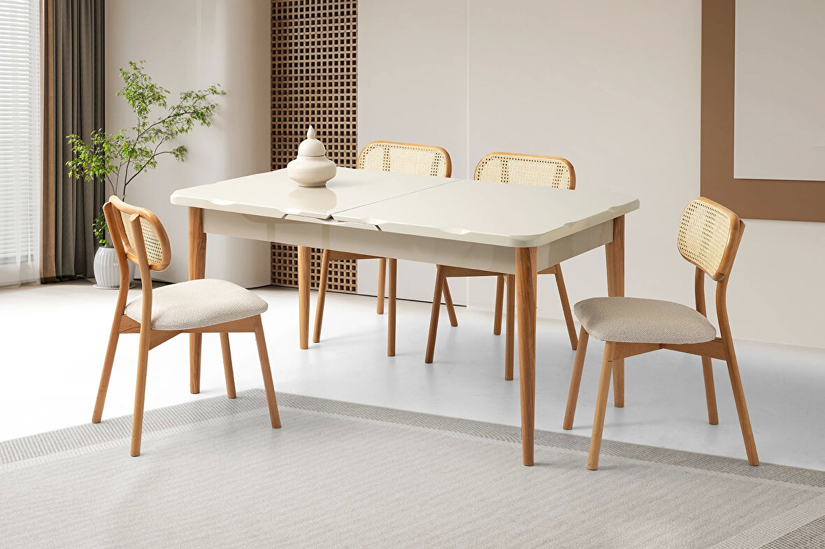 Ahşap Salon Yemek Masa Sandalye Takımı 4 Sandalyeli Ortadan Açılır Büyüyen Krem 90x160cm