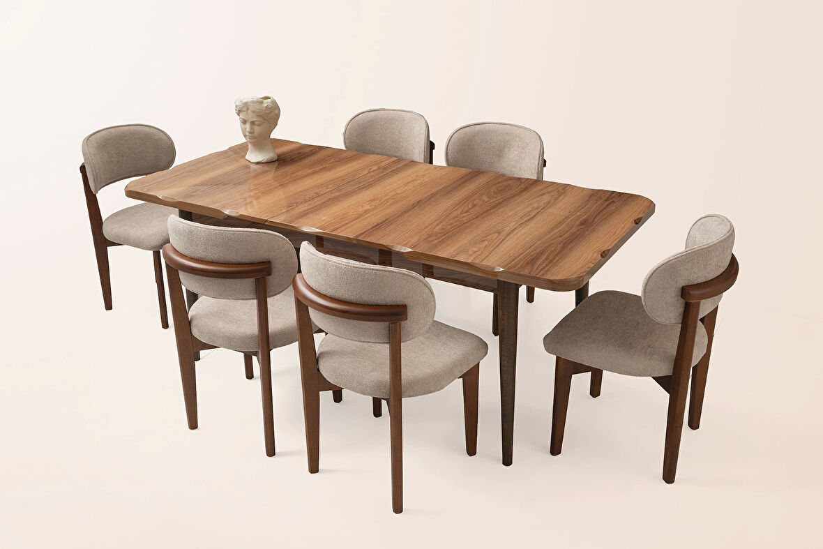 Ahşap Salon Yemek Masa Sandalye Takımı 6 Nergis Sandalyeli Ortadan Açılır Büyüyen Parlak Ceviz 90x160