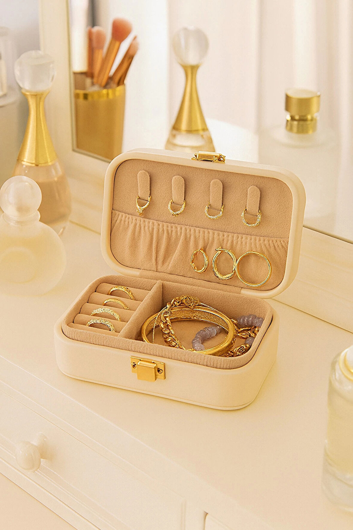 Deri Midi Seyahat Takı Bijuteri Mücevher Kutusu Organizer Düzenleyici 12cm Krem İthal Ürün