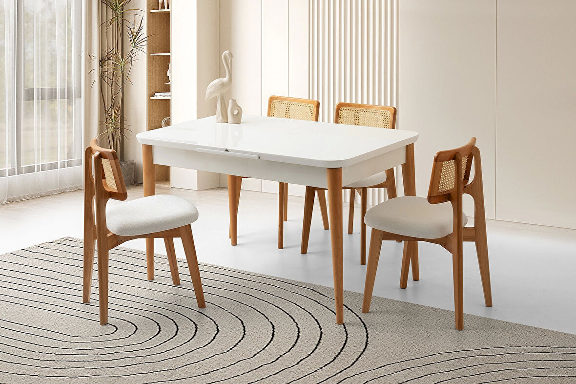 Ortadan Açılır Büyüyen 80x130cm Beyaz Ahşap Salon Yemek Masa Naturel Sandalye Takımı 4 Sandalyeli