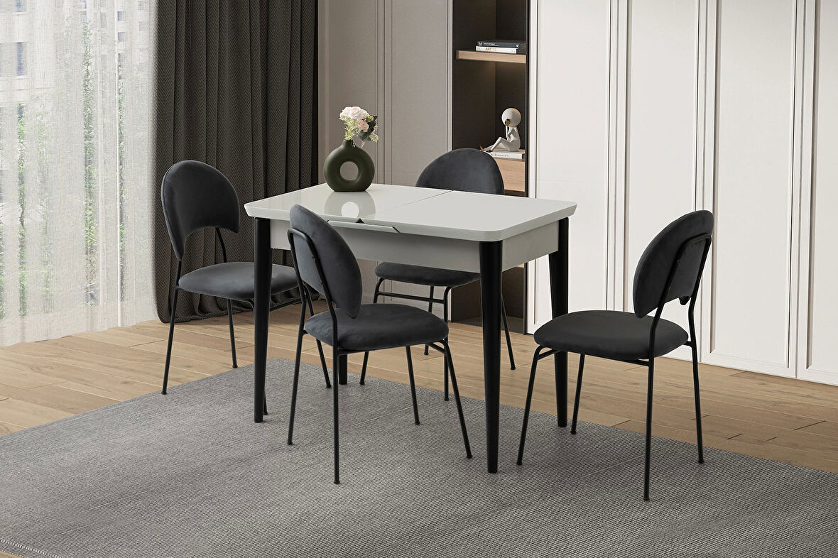 Ortadan Açılır Büyüyen 90x160cm Açık Gri Ahşap Salon Yemek Masa Sandalye Takımı Suna 4 Sandalyeli