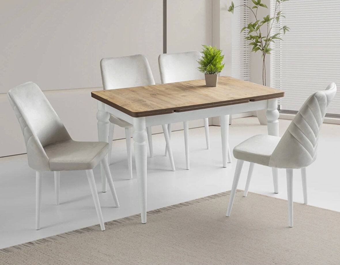 Ahşap Salon Yemek Masa Sandalye Takımı 4 Sandalyeli Yandan Açılır Büyüyen Meşe-Beyaz 70x110cm