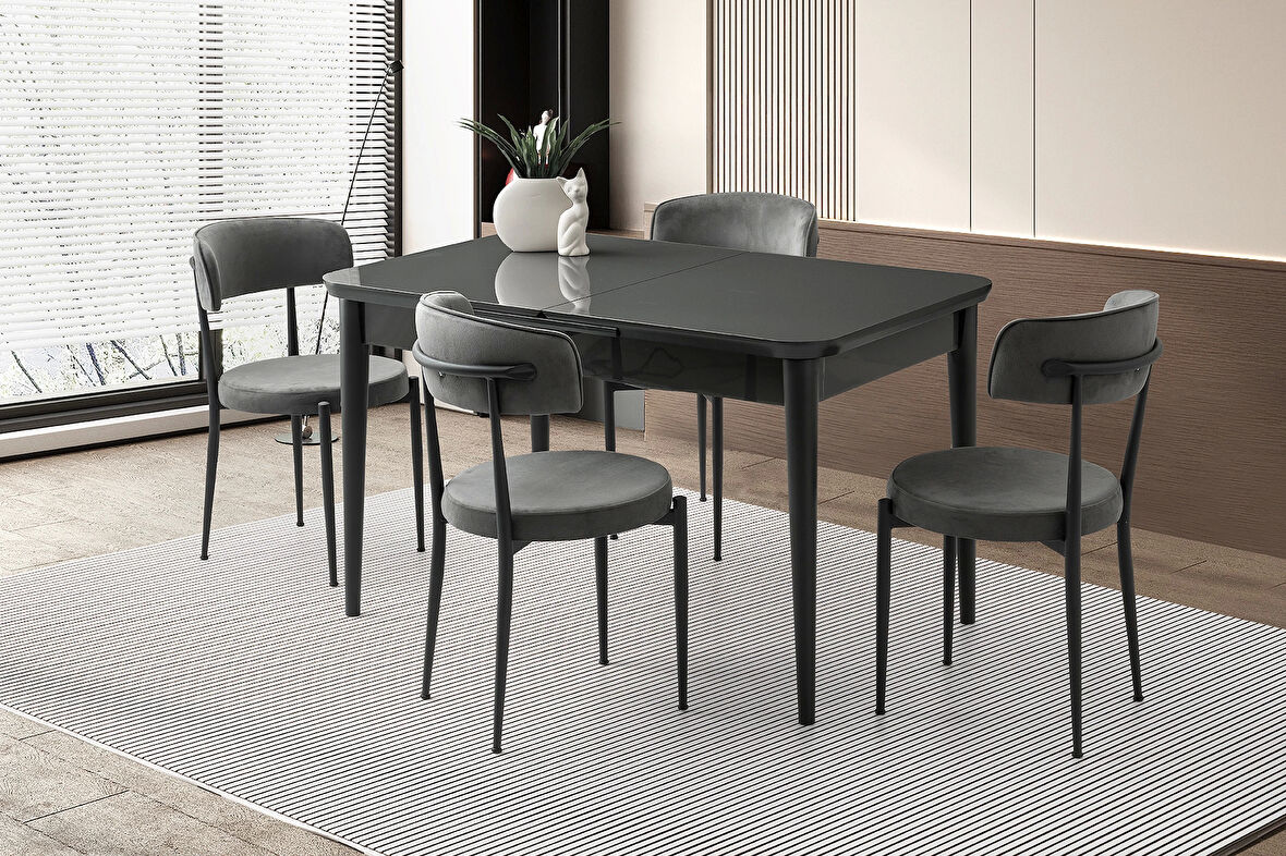 Ortadan Açılır Büyüyen 90x160cm Koyu Gri Ahşap Salon Yemek Masa Gri Gözde Sandalye Takımı 4 Sandalyeli
