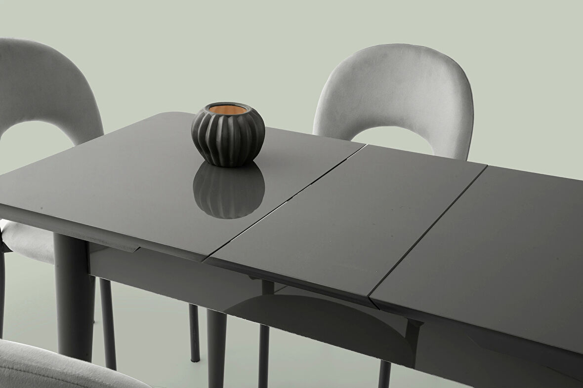 Ortadan Açılır Büyüyen 80x130cm Gümüş Gri Ahşap Salon Yemek Masa Gri Ahatapot 4 Sandalyeli