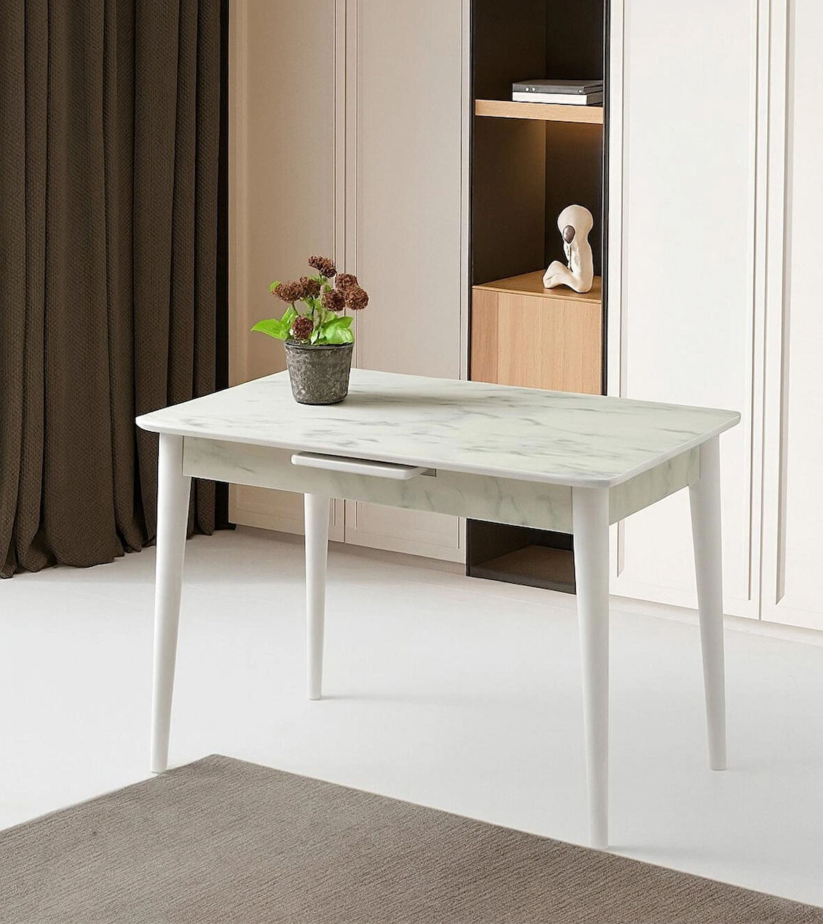 Ortadan Açılır Büyüyen Parlak Ahşap Yemek Masası Mermer Desenli 80x130cm SADECE MASA FİYATIDIR