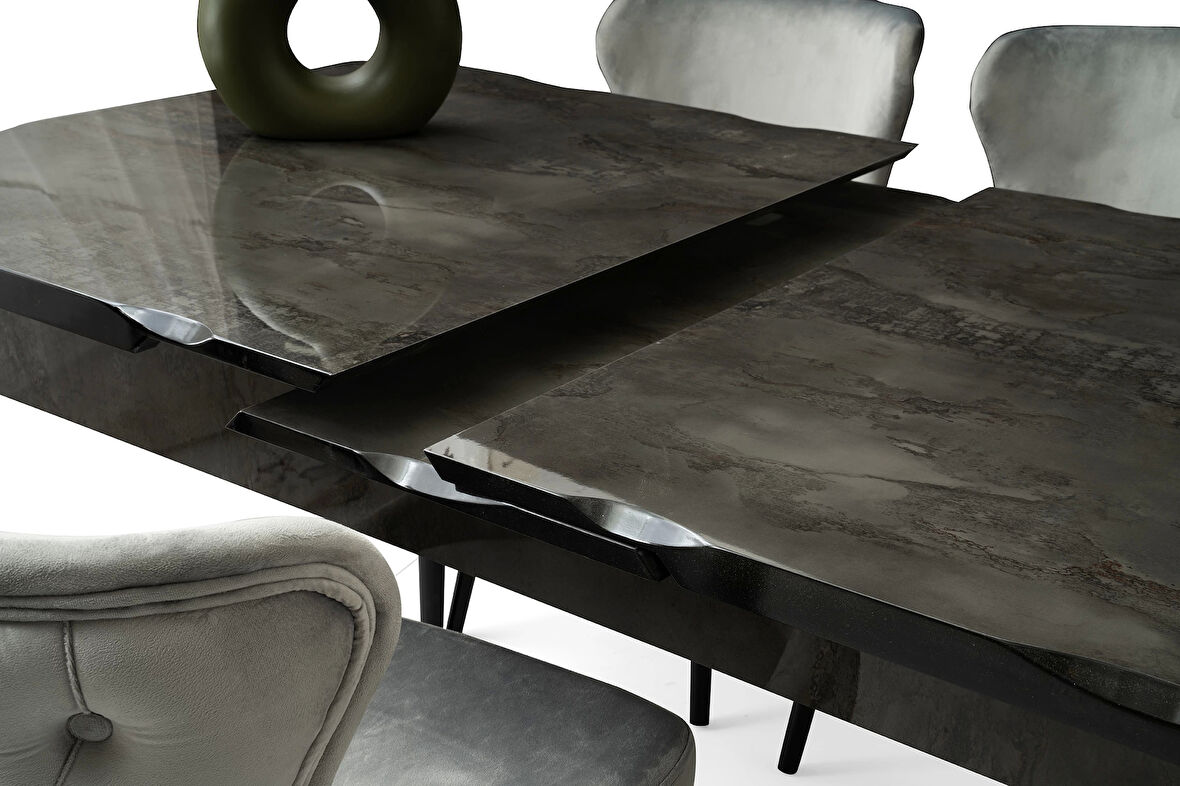 Kelebek Kütük Ortadan Açılır Büyüyen 80x130cm Gri Ahşap Salon Yemek Masa Sandalye Takımı 4 Sandalyeli