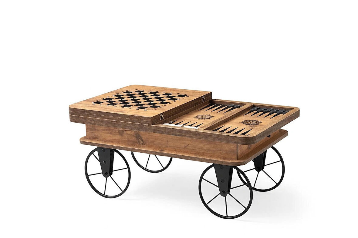 Akıllı Sehpa Satranç Tavla Model Yemek Masası Orta Sehpa Tekerlekli Ceviz