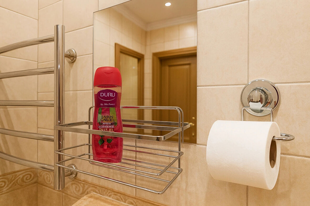 Banyo Köşe Rafı Tek Katlı Şampuanlık Vidalı + Vakumlu Tuvalet Kağıtlık