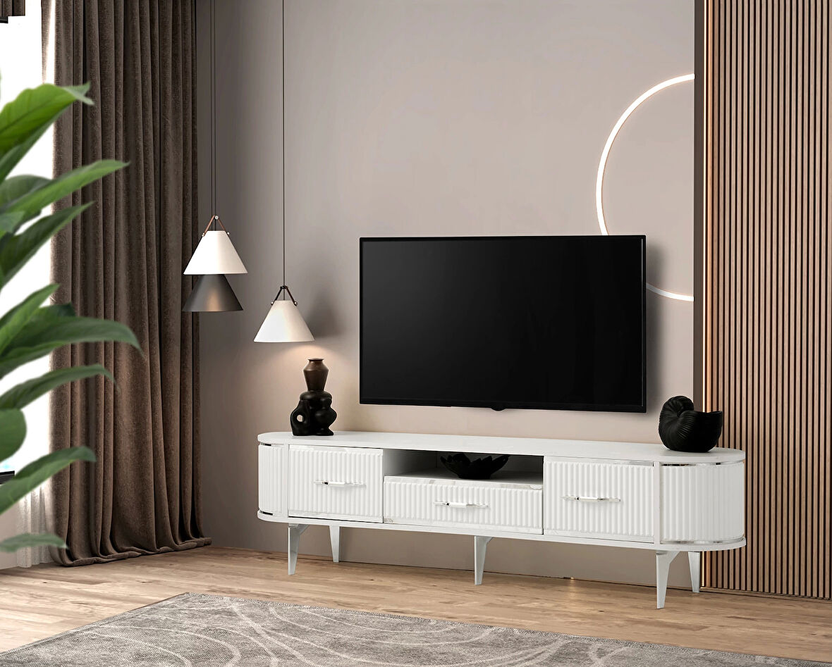 Tv Sehpası 1 Çekmeceli 2 Kapaklı Beyaz-Krom 180cm Kurulu Gönderilir