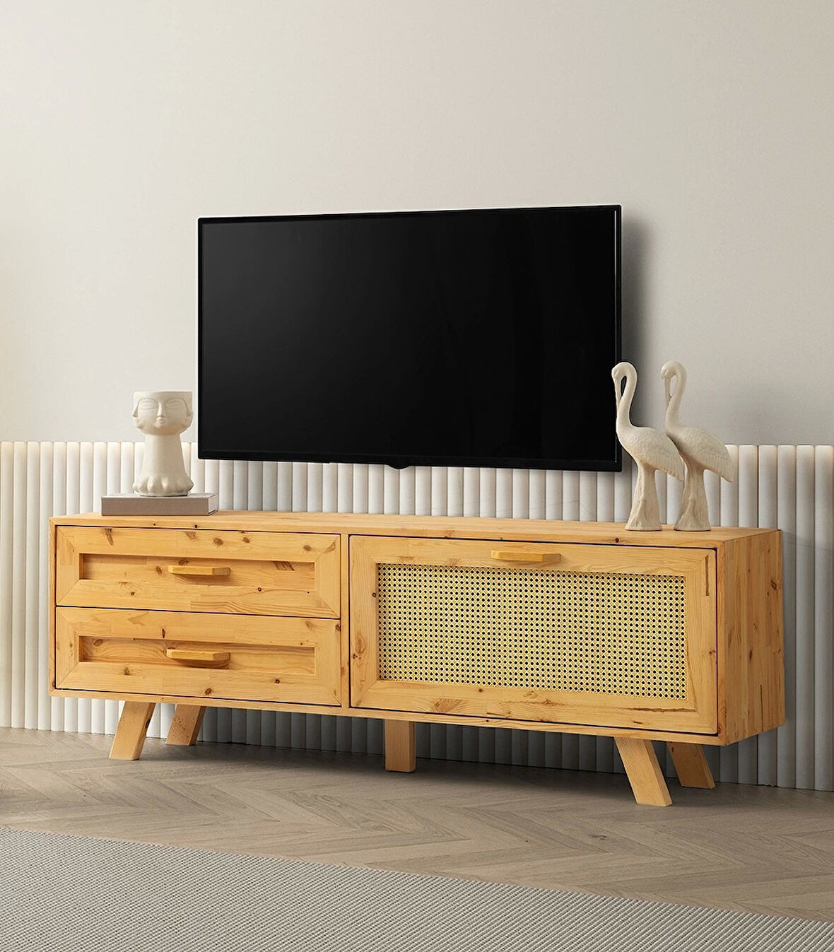 Tv Sehpası 2 Çekmeceli 1 Hasır Kapaklı Natural Ağaç 180cm Kurulu Gönderilir