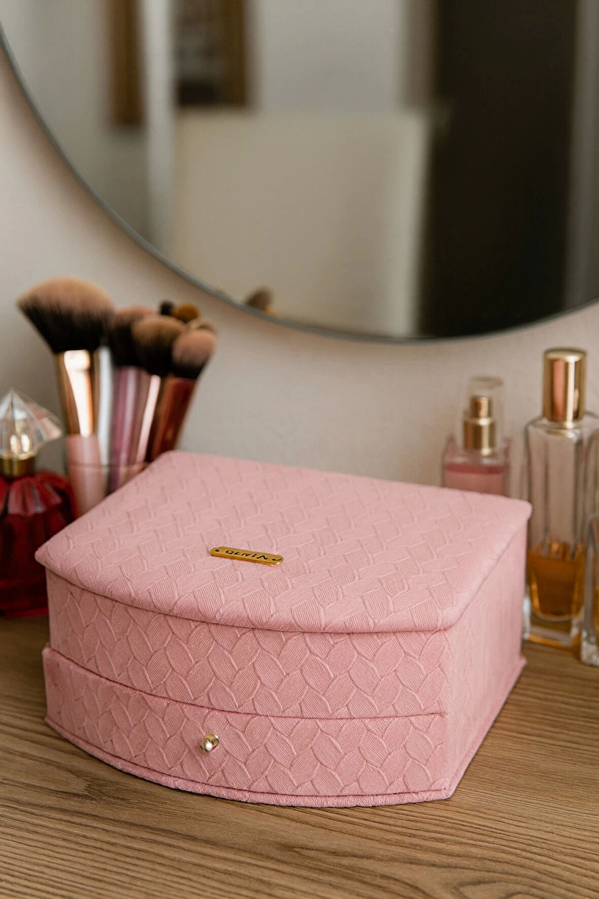 Dekoratif Kadife Takı Bijuteri Mücevher Kutusu Organizer Düzenleyici Pembe