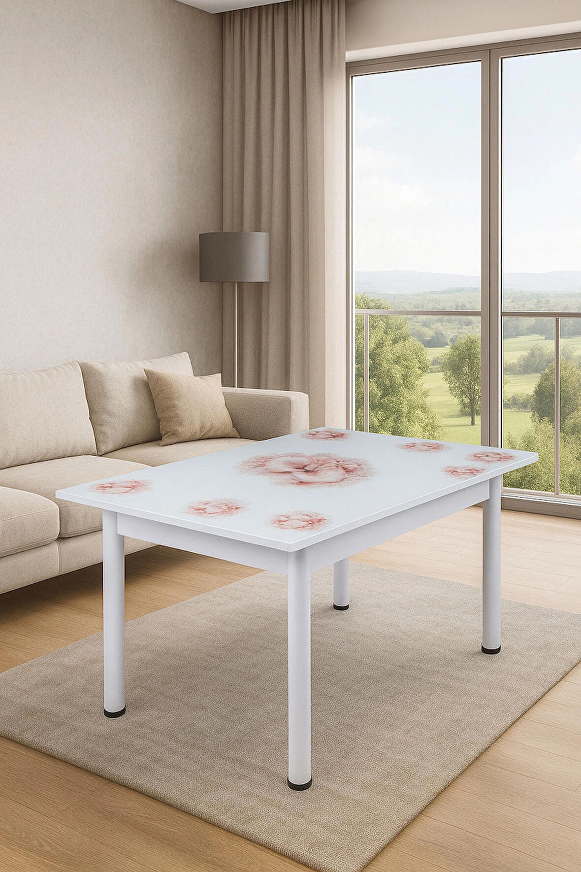 Yandan Açılır Büyüyen Cam Mutfak Masası Bahar Orkide Beyaz Ayaklı 60x90cm