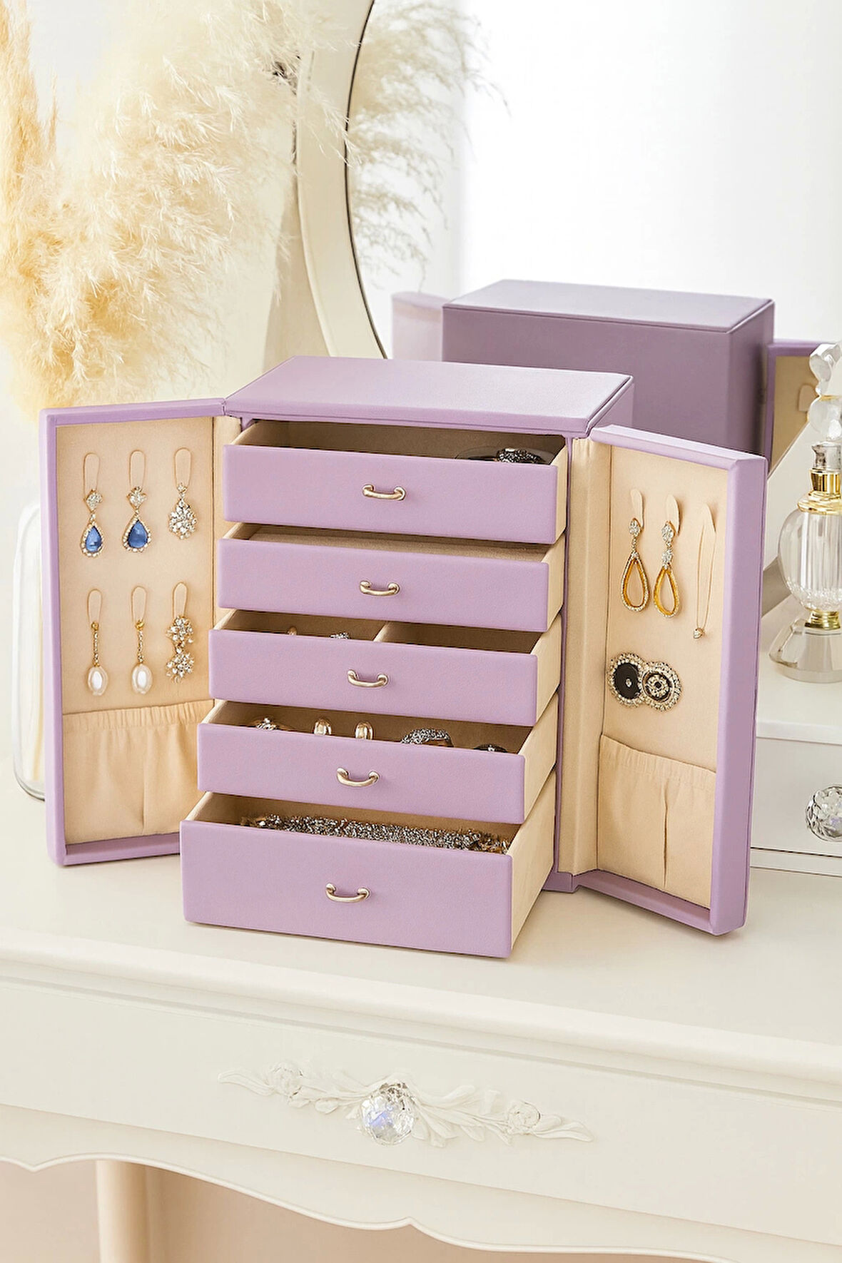 Dışı Deri İçi Kadife 5 Çekmeceli Takı Bijuteri Mücevher Kutusu Organizer Düzenleyici Lila İthal Ürün