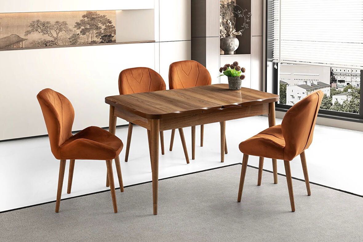 Ahşap Salon Yemek Masa Takımı 4 Porto Turuncu Sandalyeli Ortadan Açılır Büyüyen Parlak Ceviz 90x160cm